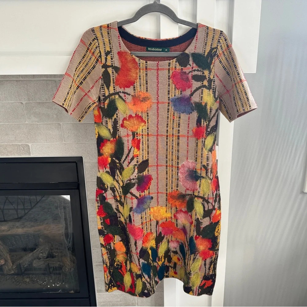 Anthropologie Troubadour Bloomline Sweater Dress Short Sleeve Plaid wool Floral